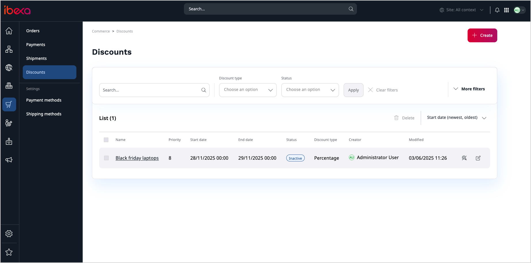 Discount management screen
